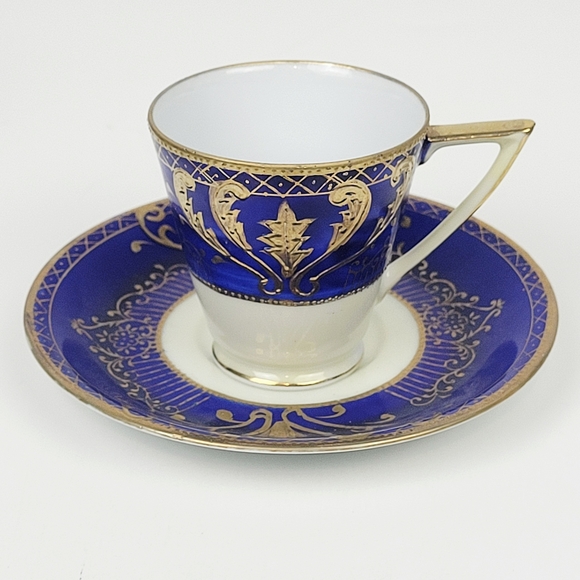 Vtg 50s~UCAGCO Demitasse Tea Cup & Saucer~Lacy Blue Gilded Gold~Hand Painted - Picture 1 of 8